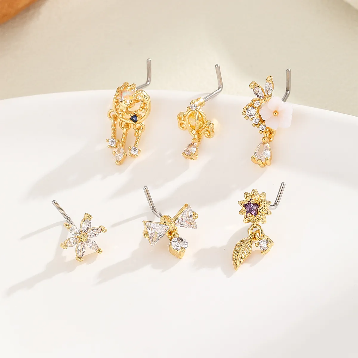 L-Shaped Copper 18K Gold Plated Zirconia Nose Studs For Women Personalized Flower Star Moon Butterfly Bowknot Piercing Jewelry