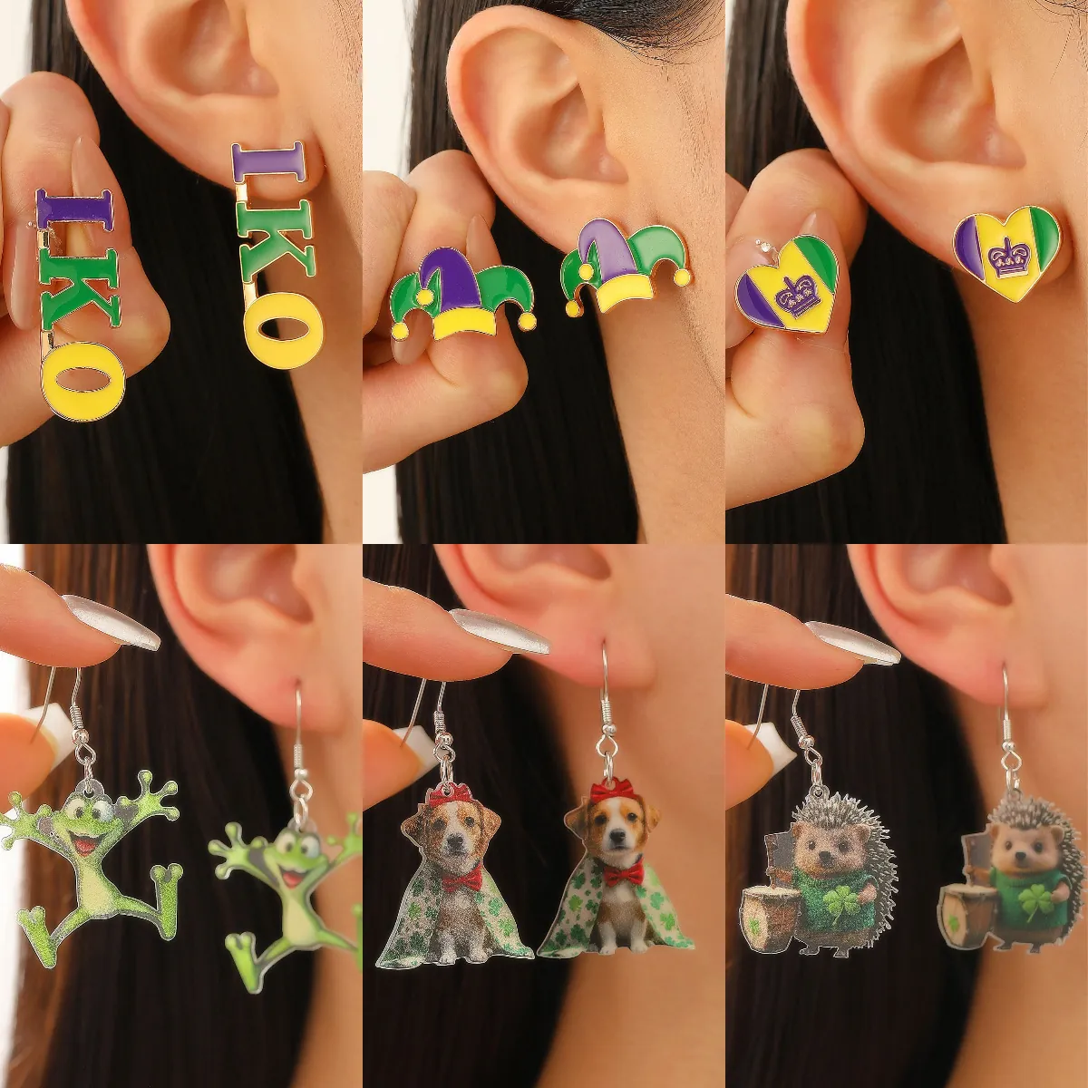 Lindos Pendientes Animales de Acrílico Dibujos Animados Rana Colibrì Perro Erizo Joyería Festival Mardi Gras Esmalte Letra Corazón Mujeres