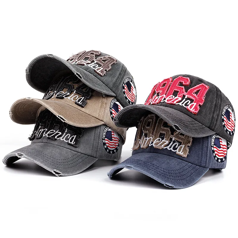 Retro Washed Cotton Baseball Cap Distressed Torn Hat With 1964 America Embroidery Adjustable Vintage Sunshade Headwear