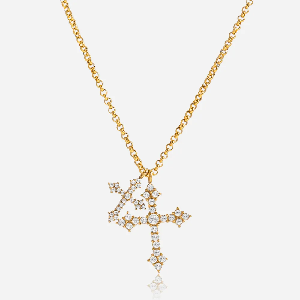 Moda Collana Con Ciondolo a Doppia Croce in Acciaio Inossidabile 316L Placcato Oro 18K Gioielli Con Strass Bianchi per Regalo Donna