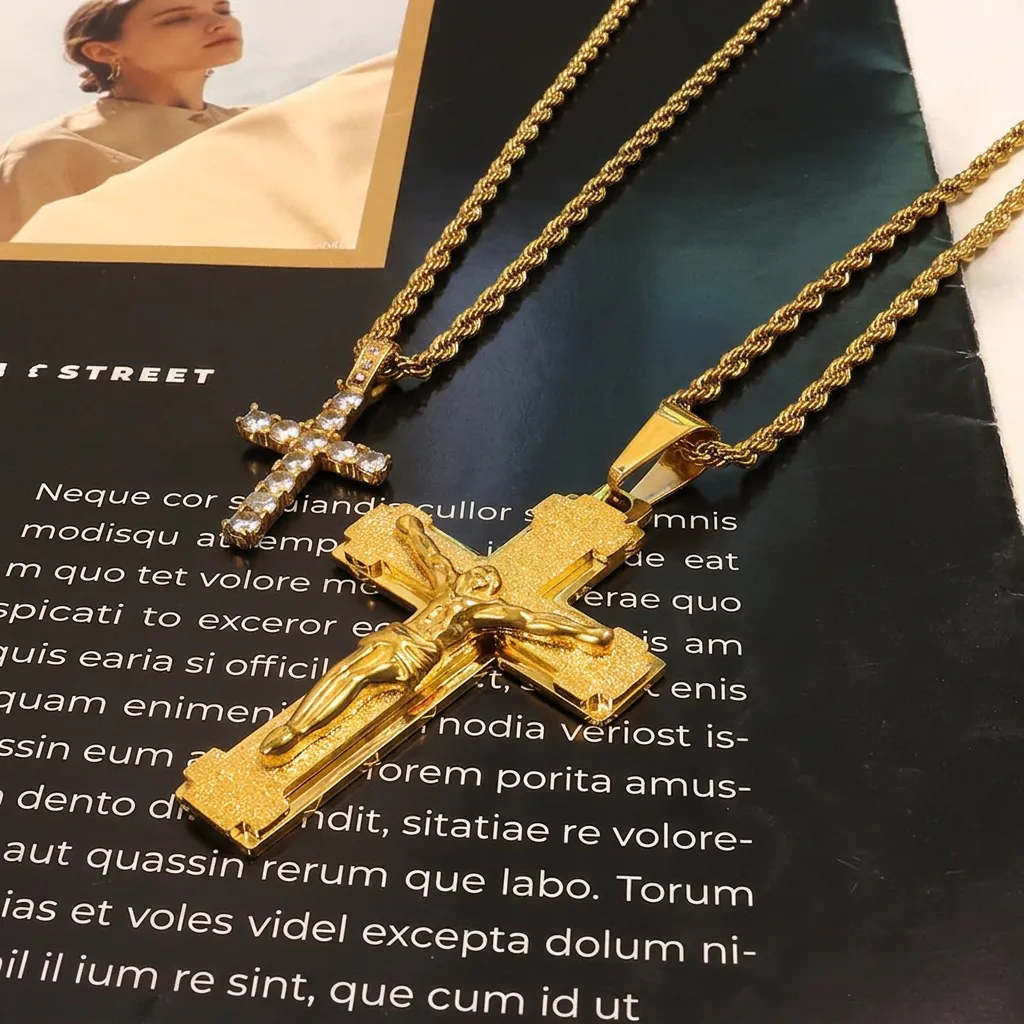 Kreuz Anhänger Halskette Edelstahl Mikro Pave Zirkonia Hip Hop Seilkette Religiöser Schmuck Für Damen Herren