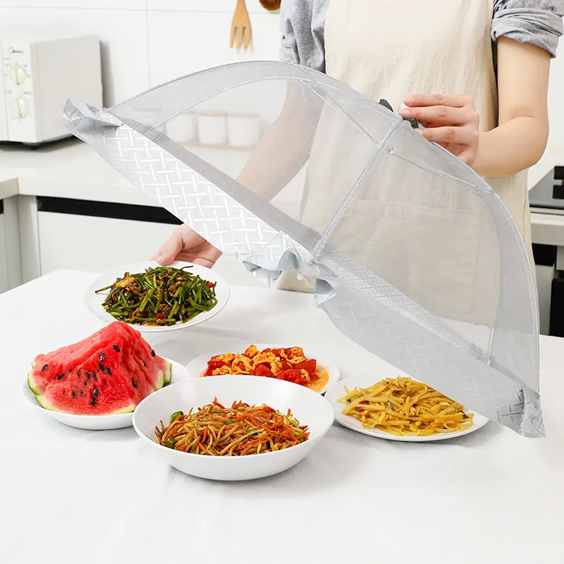 Foldable Mesh Food Cover Umbrella Design Large Dining Table Tent Dustproof Fly Proof For Kitchen Picnic Outdoor Grey Polyester