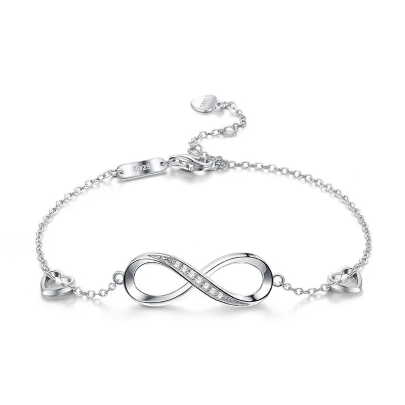 925 Sterling Silver Infinity Heart Bracelet For Women Sparkling Zirconia Inlaid Adjustable Chain Fashion Commuter Jewelry