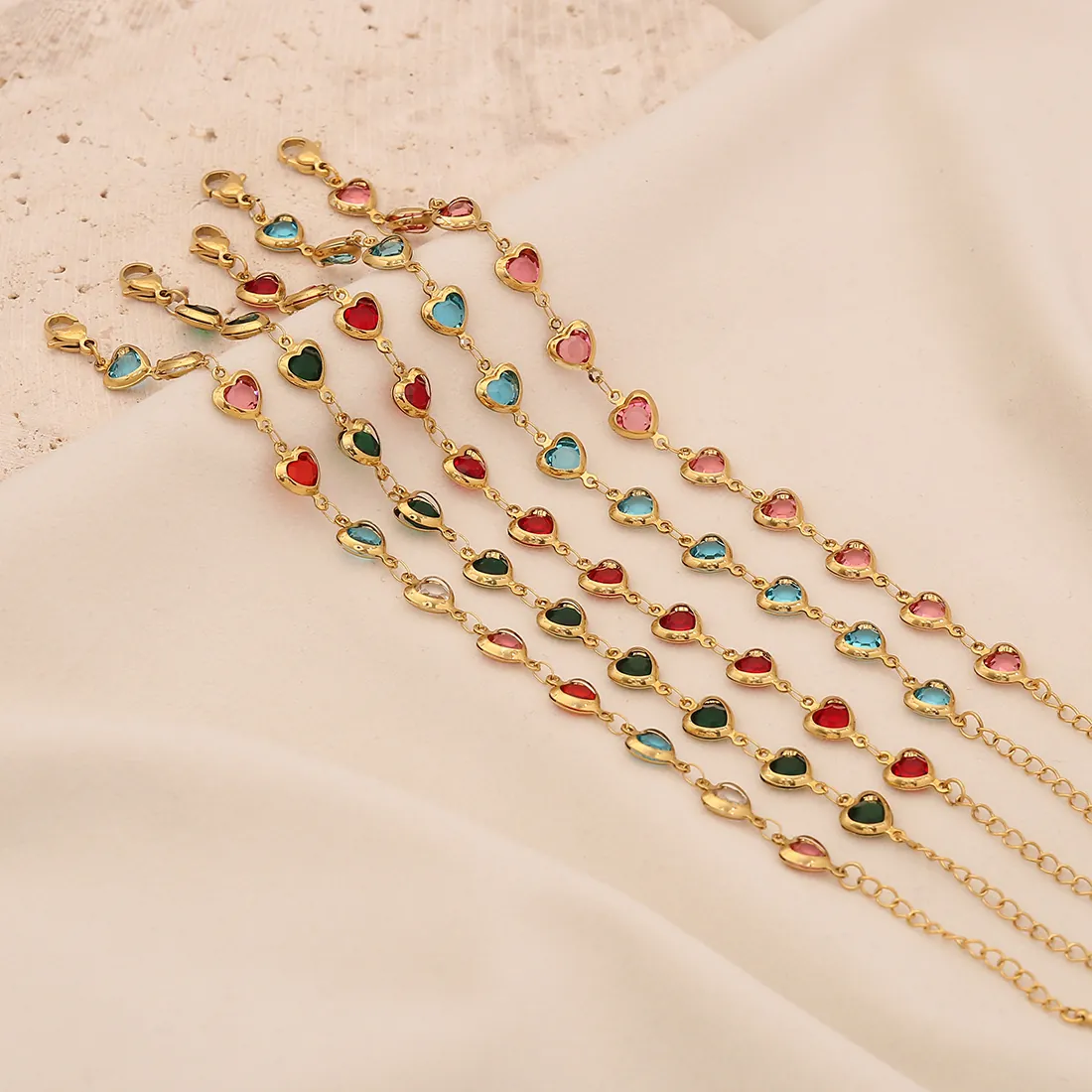 Stainless Steel Heart Bracelet For Women Colorful Glass Heart Shaped Adjustable Jewelry Gold Plated Elegant