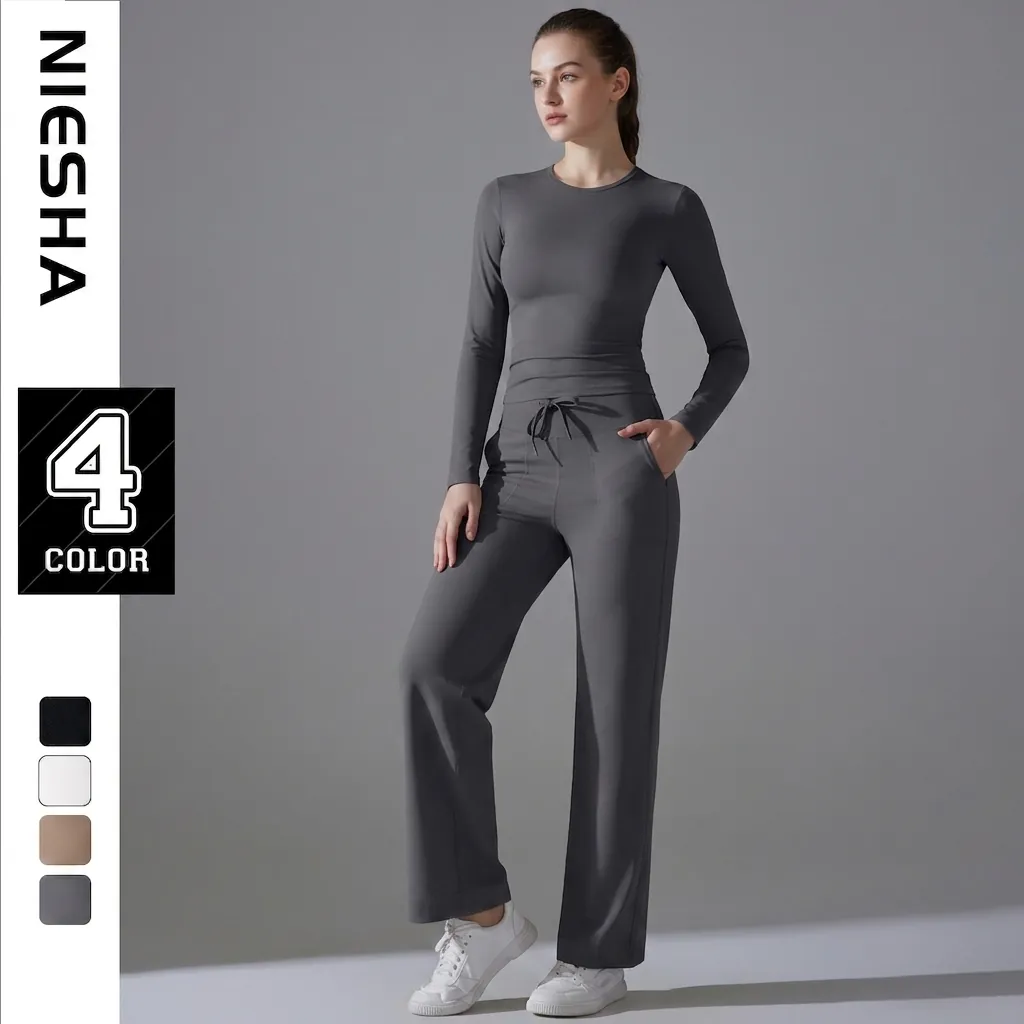 Ensemble de Yoga pour Femmes en Nylon Haute Élasticité Haut à Manches Longues et Pantalon Large à Cordon Fitness Sport