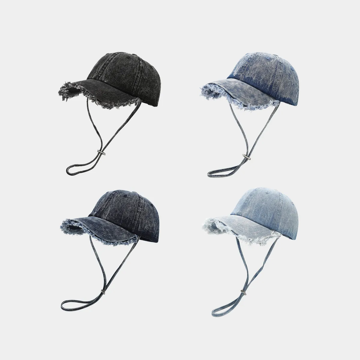 Berretto da Baseball in Denim di Cotone Lavato Vintage Con Bordo Sfrangiato e Corda Antivento Regolabile Cappello da Sole Retro Unisex