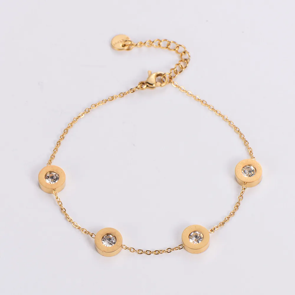 Roman Numerals Circle Stainless Steel Bracelet For Women Gold Plated Rhinestone Inlaid Adjustable Link Chain Elegant Jewelry Gift