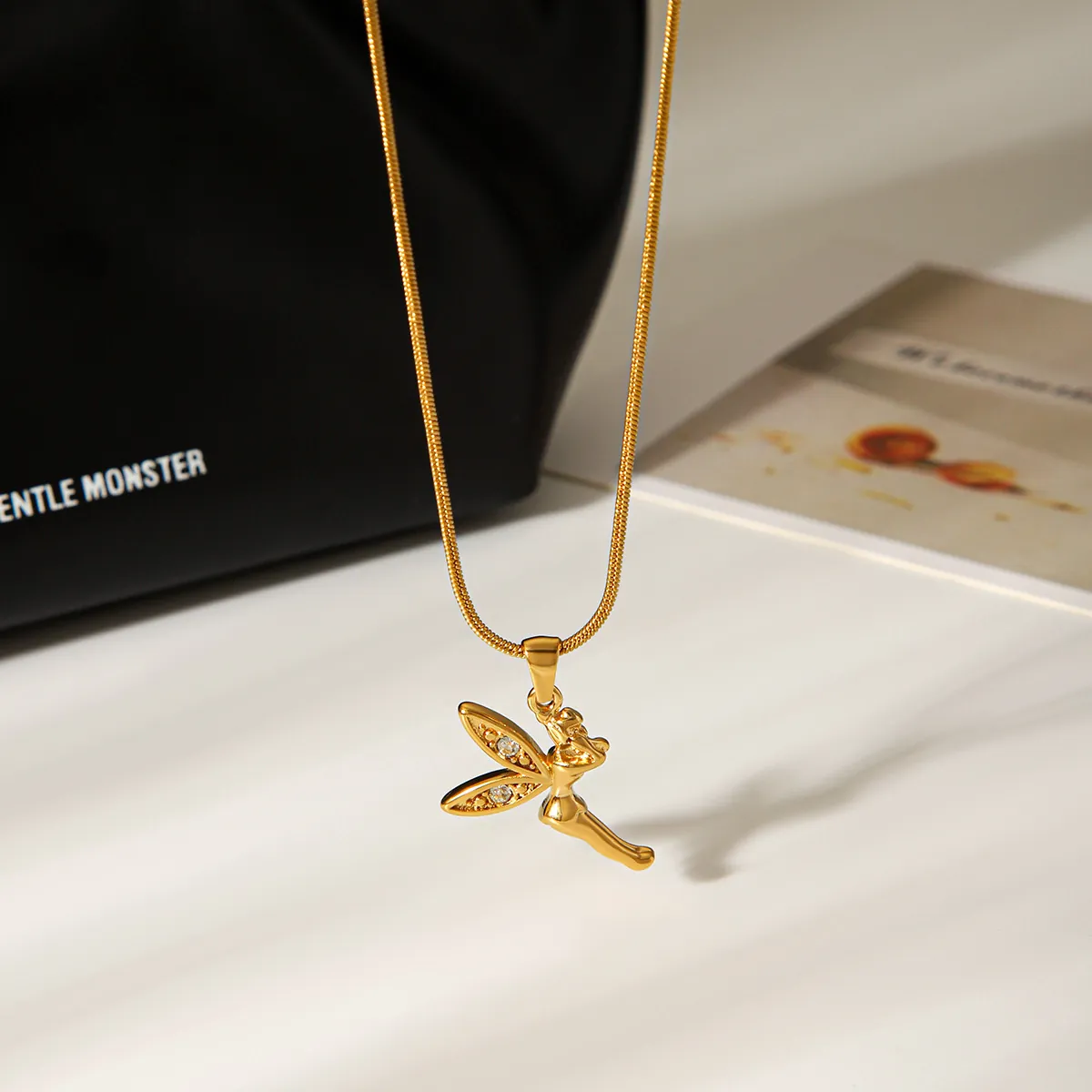 Fee Engel Hanger Ketting Roestvrij Staal 18K Verguld Zirkonia Ingelegd Slangenketting Mode Sieraden Voor Vrouwen