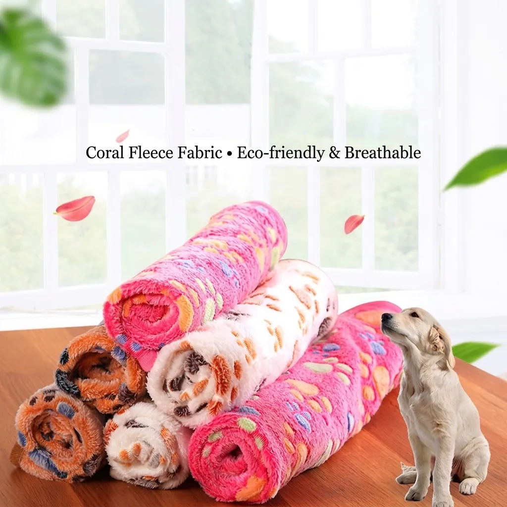 Soft Coral Fleece Pet Blanket Warm Washable Sherpa Fleece Mat For Dogs And Cats Paw Print Bone Pattern Cozy Sleep Rug