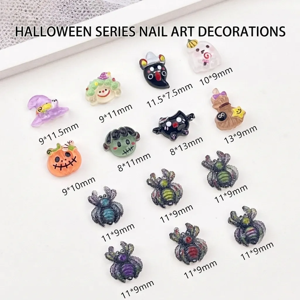 Halloween Nail Art Charms 3D Resin Pumpkin Ghost Spider Witch Hat Ornaments DIY Manicure Decorations Cute Horror Style