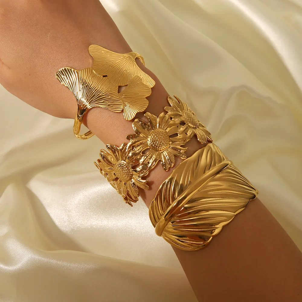 Bracciale Rigido In Acciaio Inossidabile 304 Oro Girasole Foglia Piuma Ginkgo Impermeabile Ipoallergenico Gioielli Donna