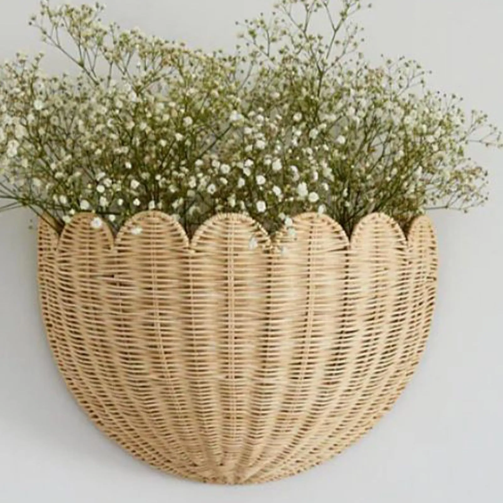 Scalloped Edge Wall Hanging Woven Basket Synthetic Rattan Storage Bin Half Moon Shape Rustic Boho Home Decor Organizer