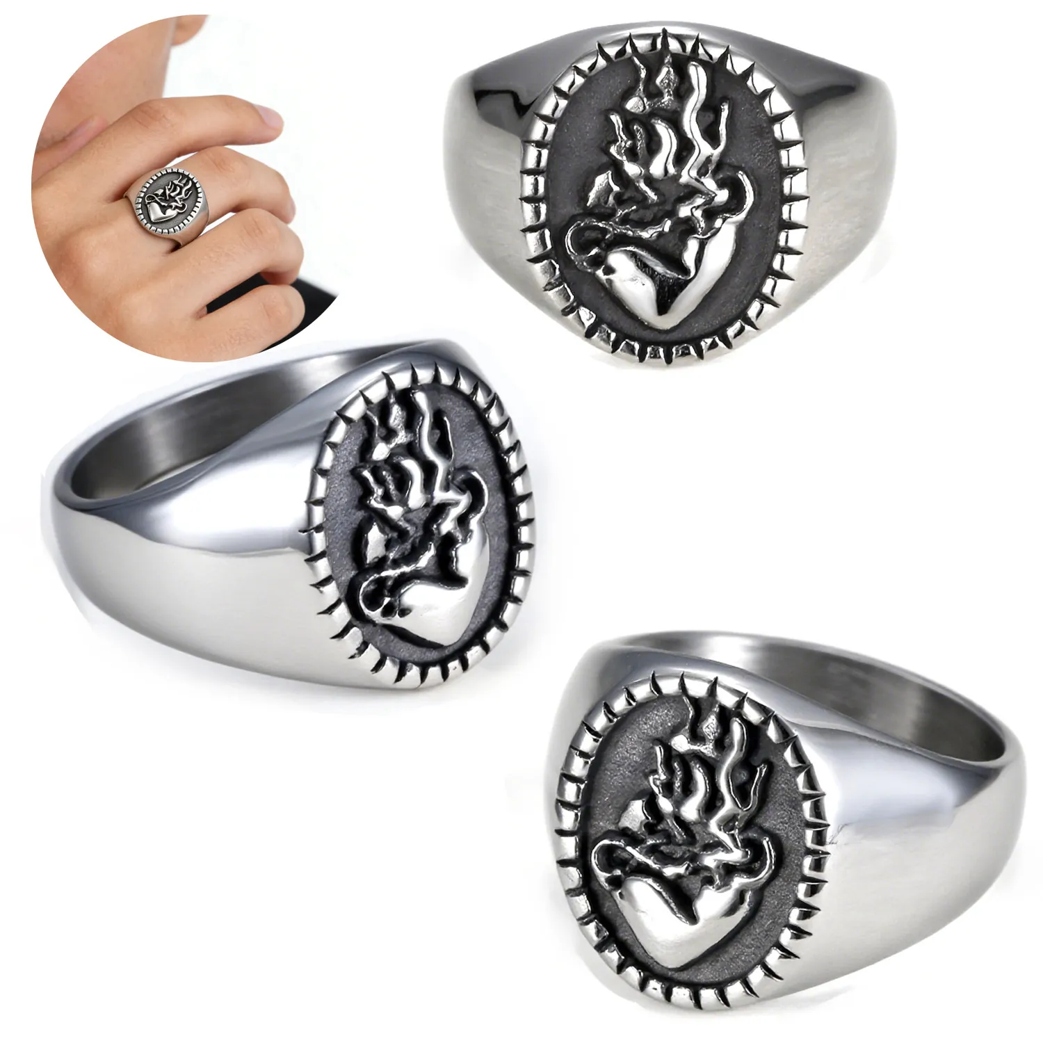 Gothic Sacred Heart Ring Stainless Steel Punk Retro Fire Heart Angel Relief Signet Rings For Men Women Fashion Jewelry