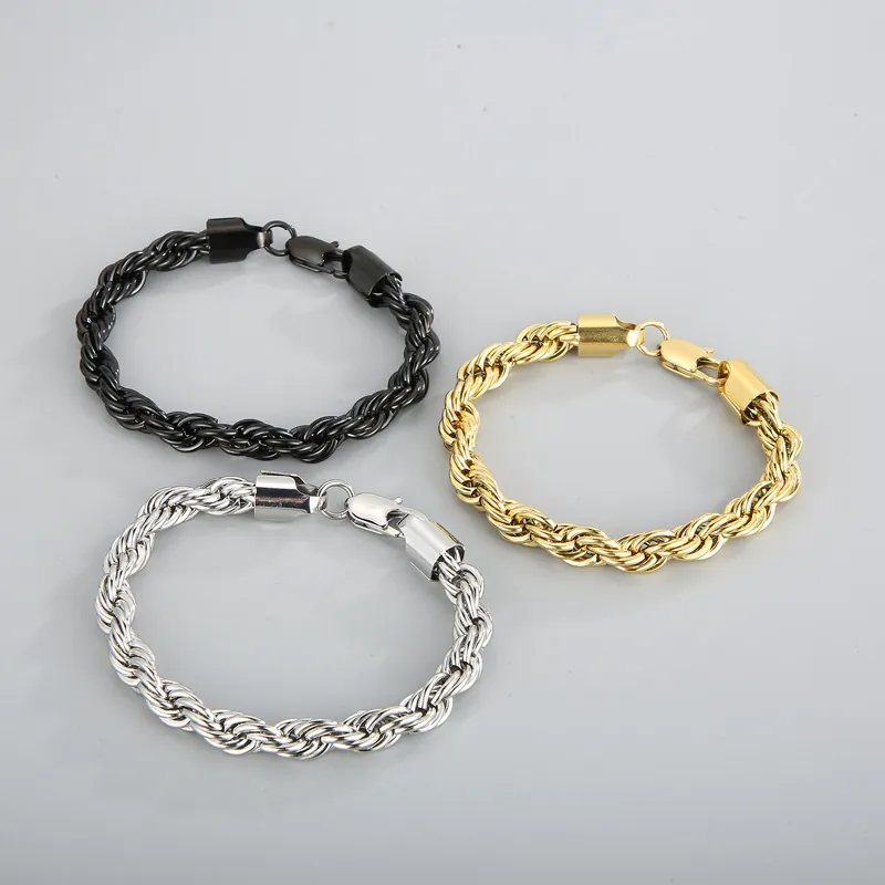 Stainless Steel Rope Chain Bracelet Vacuum Plated Simple Fashion Hip Hop Punk Twist Link Jewelry For Men Women