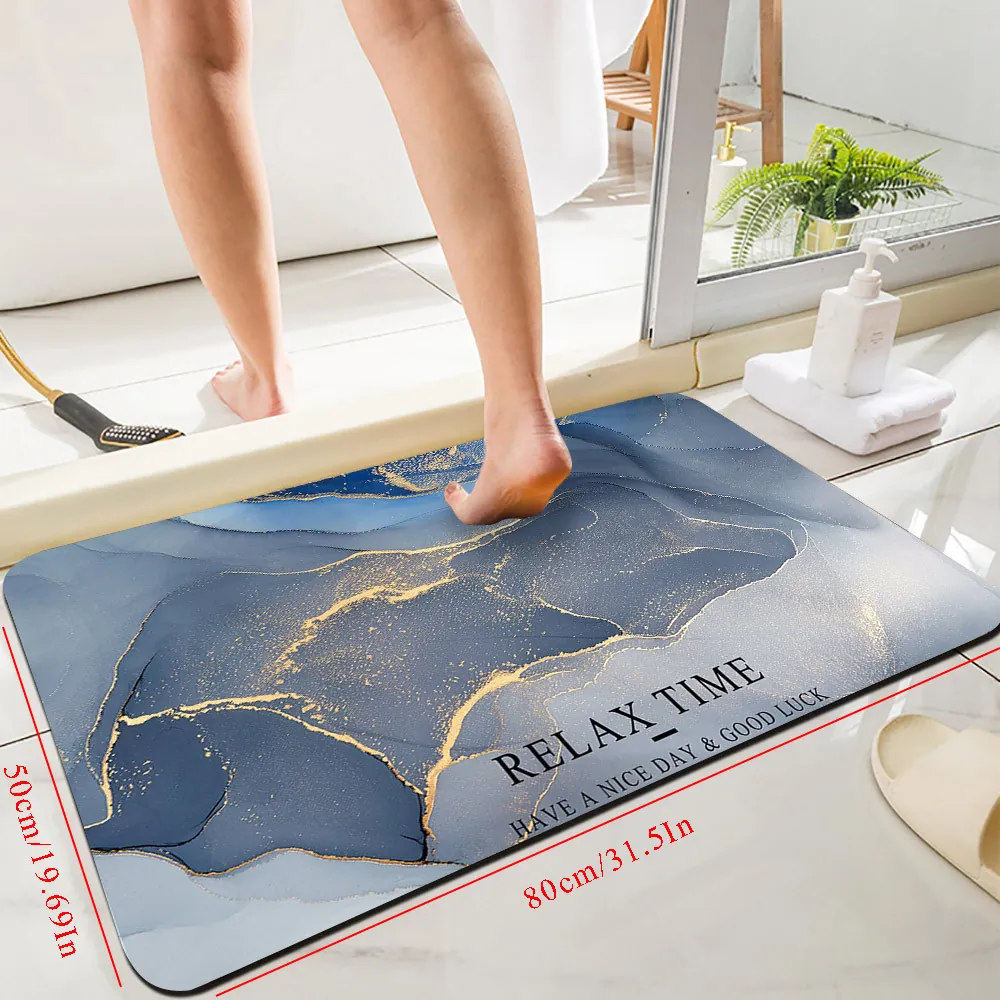 Marble Pattern Diatom Mud Bathroom Mat Absorbent Floor Rug Non-Slip Quick Dry Blue Gold Decor For Home