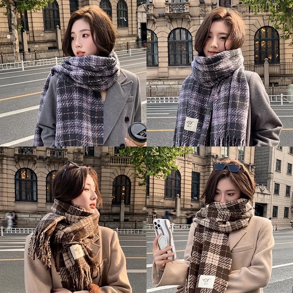 Winter Plaid Scarf For Women Soft Polyester Warm Fringed Tassel Thousand Bird Houndstooth Retro Chic Cold Weather Accessory