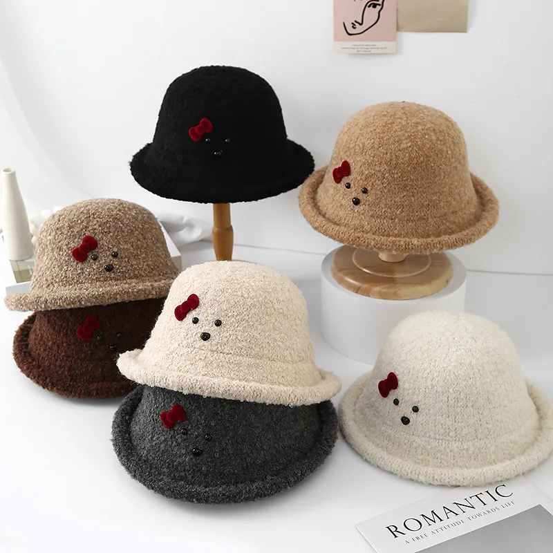 Lamb Wool Bucket Hat Cute Bear Face Design Red Velvet Bow Plush Basin Hat Warm Winter For Women