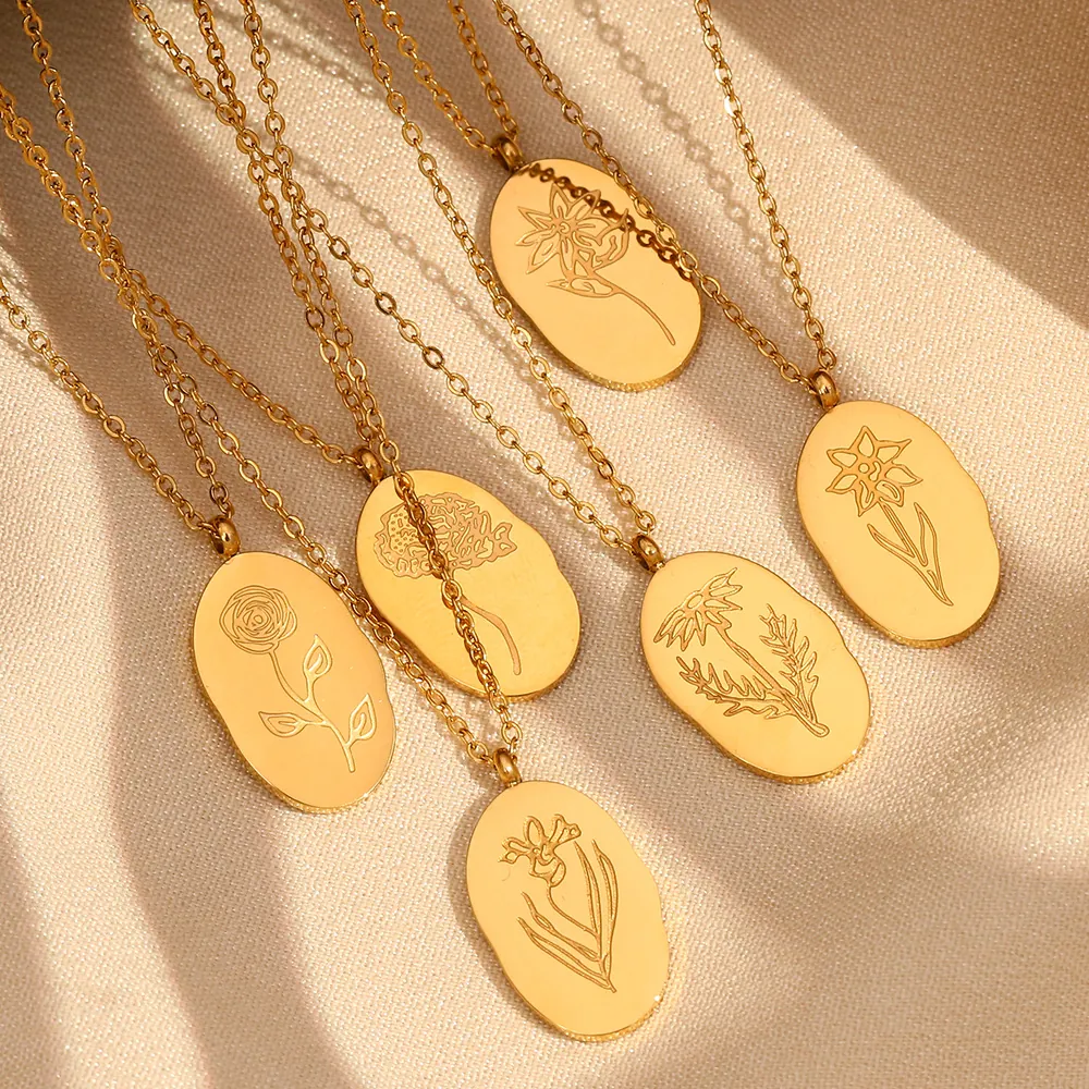 Stainless Steel Oval Birth Flower Pendant Necklace Gold Plated Embossed Floral Necklace For Women Niche Design Clavicle Chain