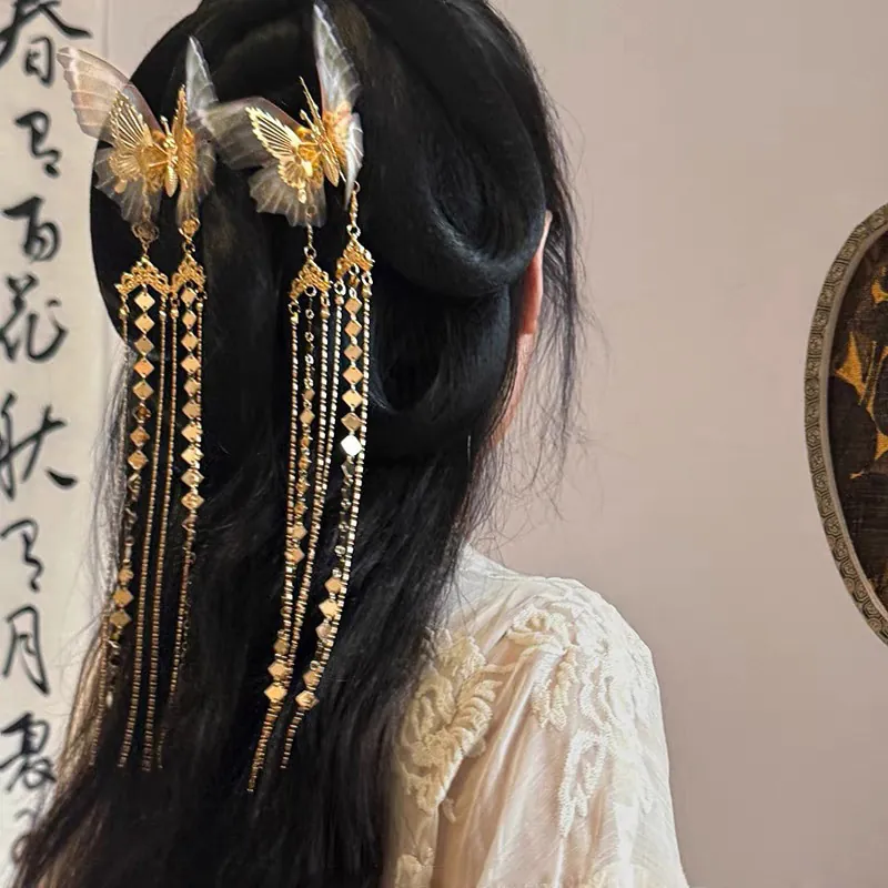 Butterfly Tassel Hair Clips Alloy Mesh Satin Ribbon Long Fringe Vintage Chinese Style Hair Accessories For Women