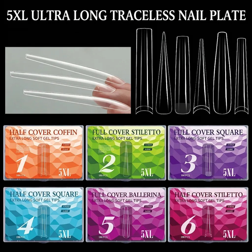 5XL Extra Long Soft Gel Nail Tips Clear Coffin Stiletto Square False Nails Full Half Cover Thin Professional DIY Manicure