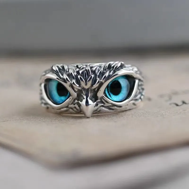 Retro Owl Ring Alloy Vintage Animal Shape Colorful Rhinestone Eyes Punk Gothic Jewelry For Men Women Fashion Accessory
