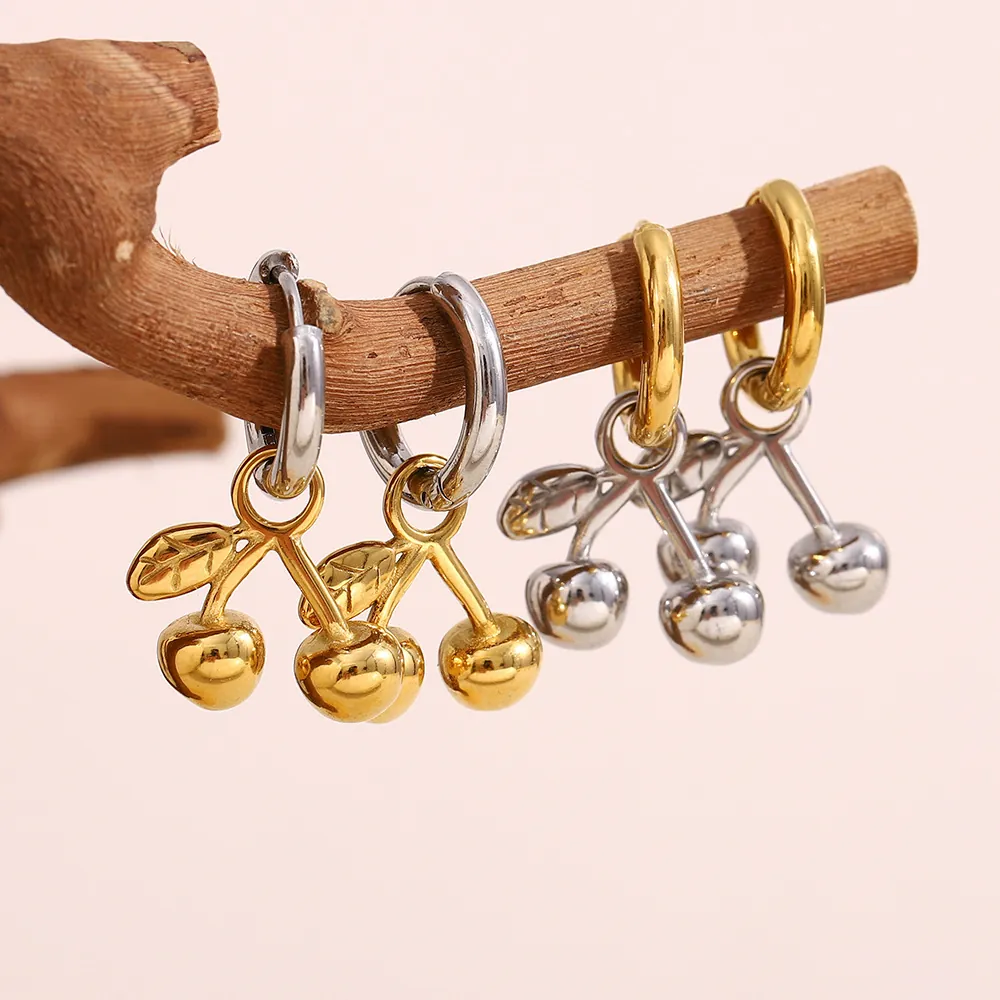 Boucles D'oreilles Pendantes Cerise Acier Inoxydable Plaqué Or 18K Bicolore Forme De Fruit Bijoux De Mode Pour Femmes