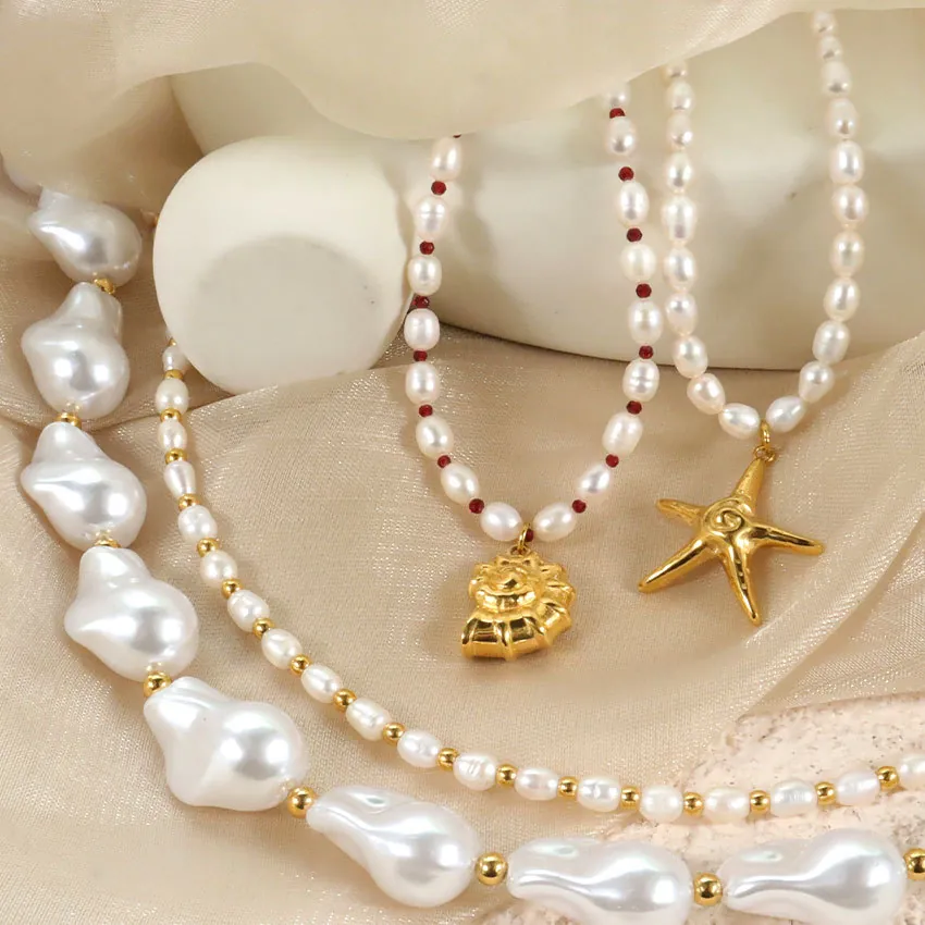 Starfish Conch Pendant Artificial Pearl Necklace Stainless Steel Gold Plated Ocean Sea Style Beach Jewelry For Women Elegant