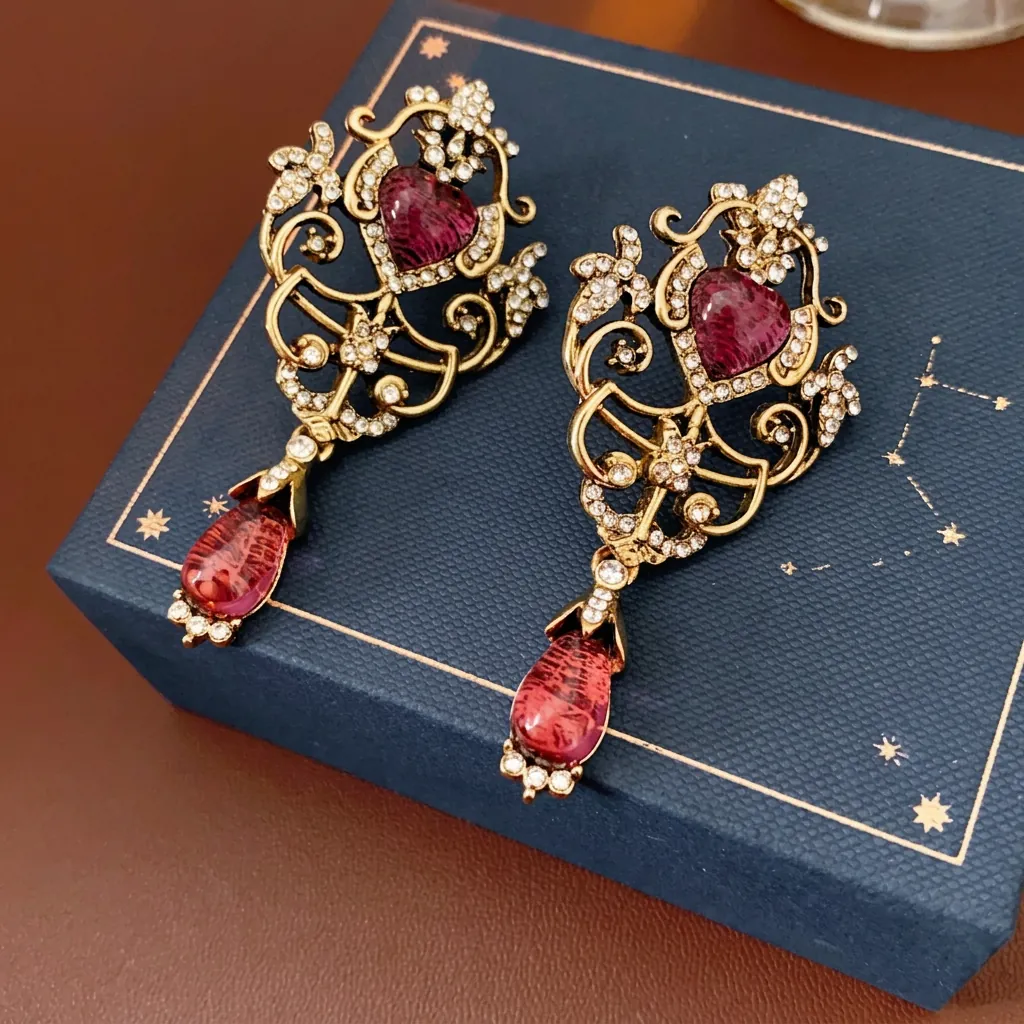 Vintage Baroque Alloy Drop Earrings With Silver Earring Post Rhinestone Heart Teardrop Hollow Design For Women