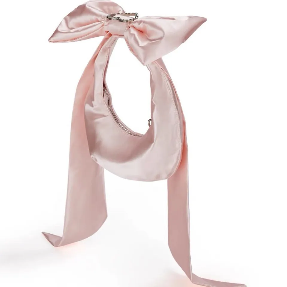 Borsa Da Sottobraccio In Rasatello Da Donna Fiocco Gigante Cuore Strass Dolce Stile Coquette Hobo