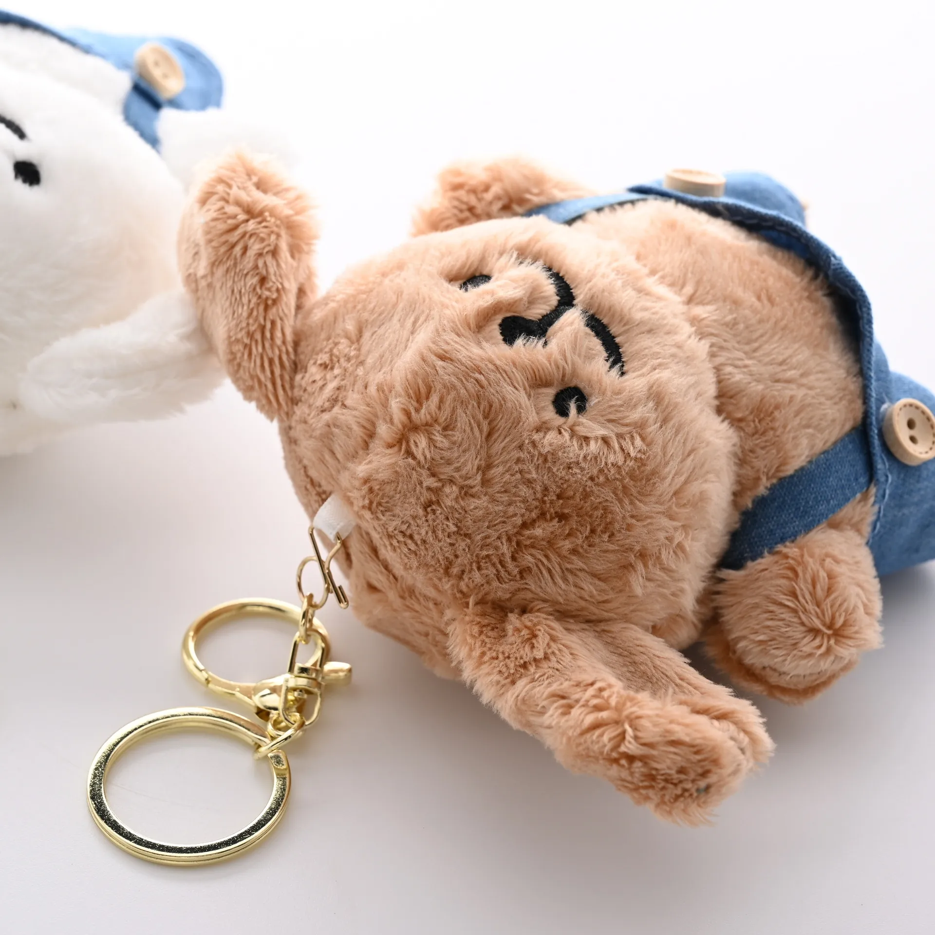 Cute Plush Animal Keychain Stuffed Bear Dog Toy Wearing Denim Overalls Soft Bag Charm Backpack Accessory