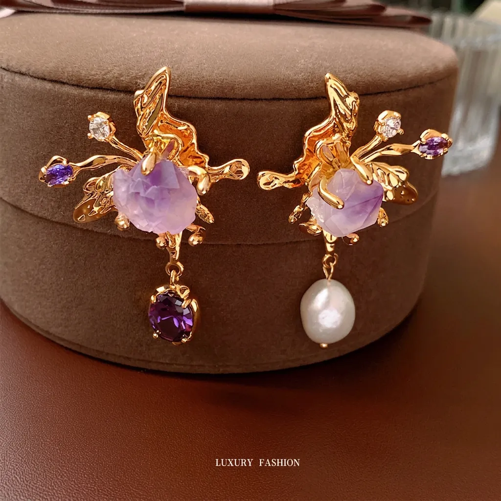 Asymmetrical Earrings With Artificial Baroque Pearl Amethyst Zircon And 925 Sterling Silver Earring Post Vintage Butterfly Style