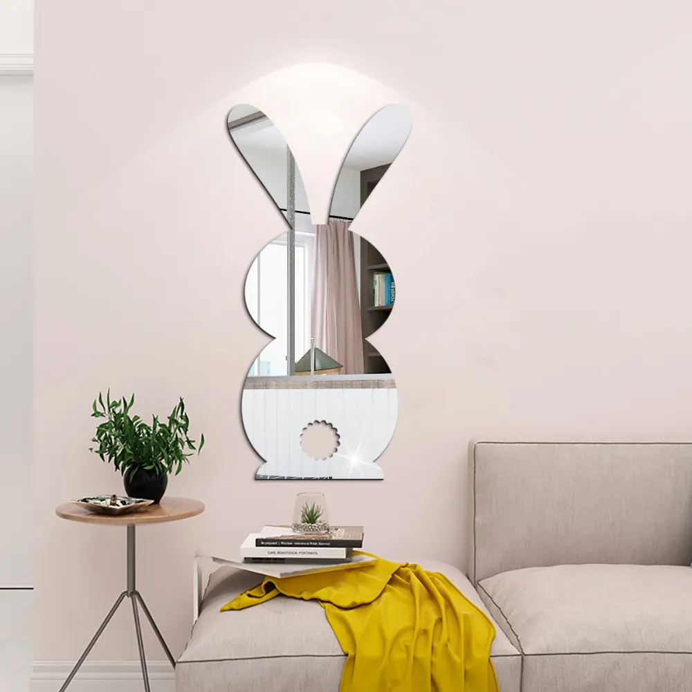 Easter Bunny Acrylic Mirror Wall Sticker 3D Self Adhesive Rabbit Decal For Home Living Room Festival Decoration