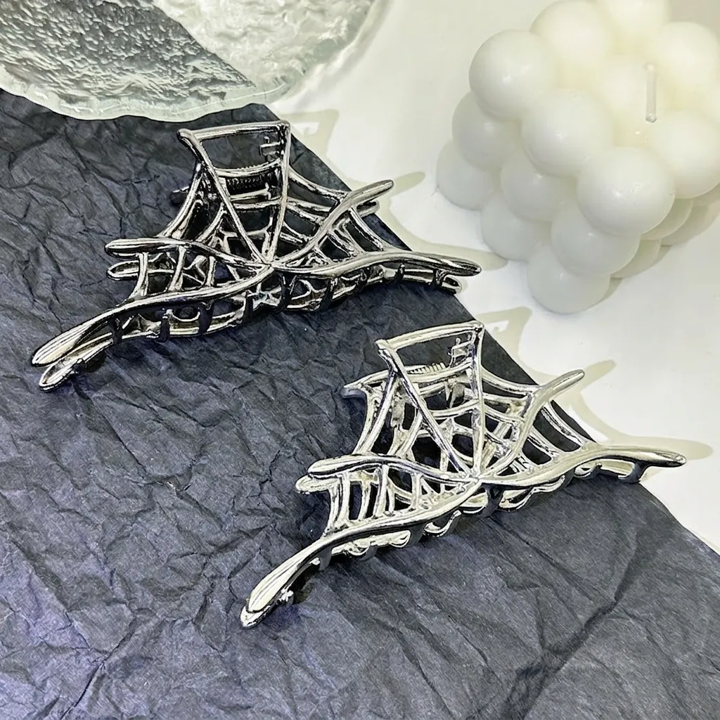 Halloween Spider Web Hair Claw Clip Alloy Metal Large Hollow Out Gothic Punk Shark Grip Accessories For Women