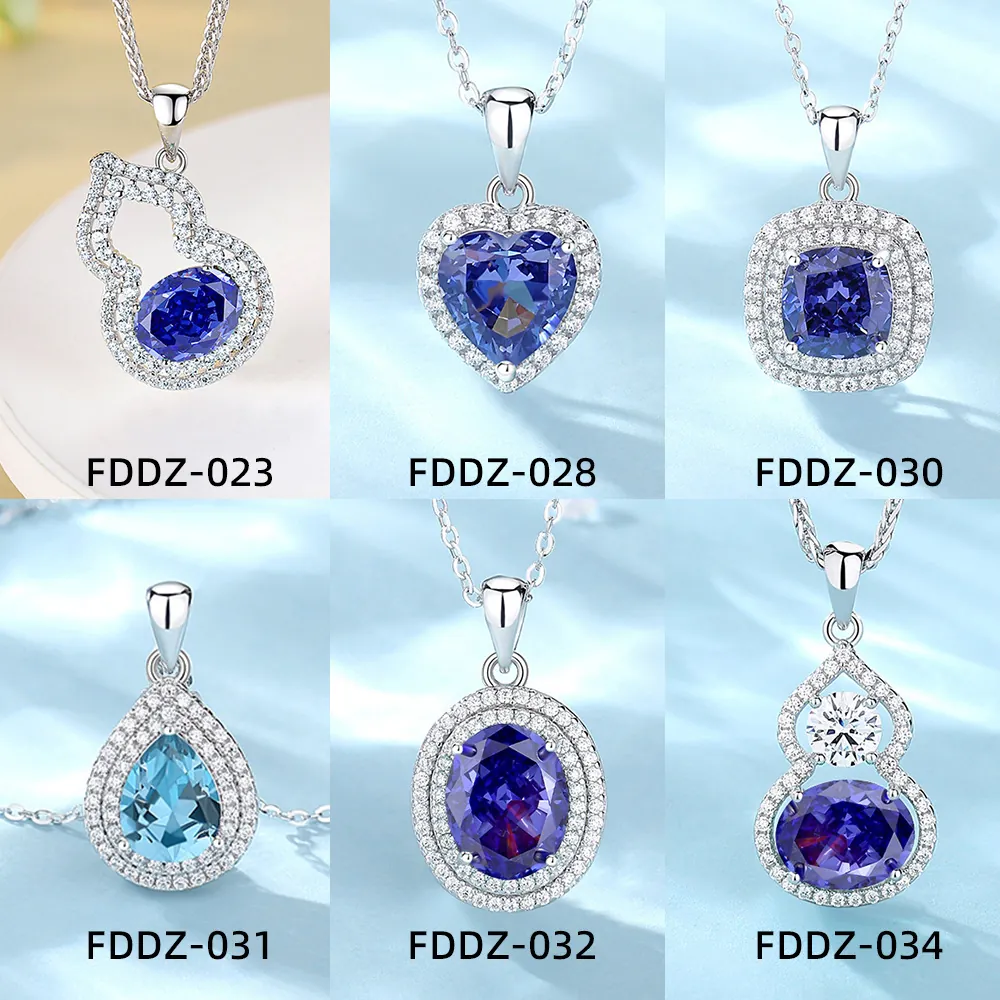 925 Sterling Silver Zirconia Necklace For Women Tanzanite Blue Stone Heart Gourd Geometric Pendant Fashion Jewelry