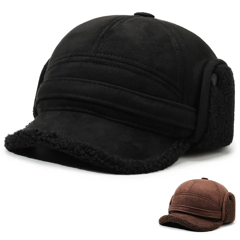 Men Winter Trapper Hat Suede Faux Lamb Wool Lined Warm Ear Protection Aviator Baseball Cap Thickened Windproof Outdoor
