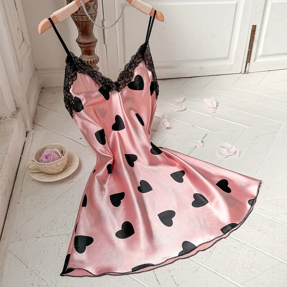 Nuisette En Satin Pour Femmes Imprimé Cœur Dentelle Col En V Dos Nu Bretelles Réglables Vêtements De Nuit Respirant Satin