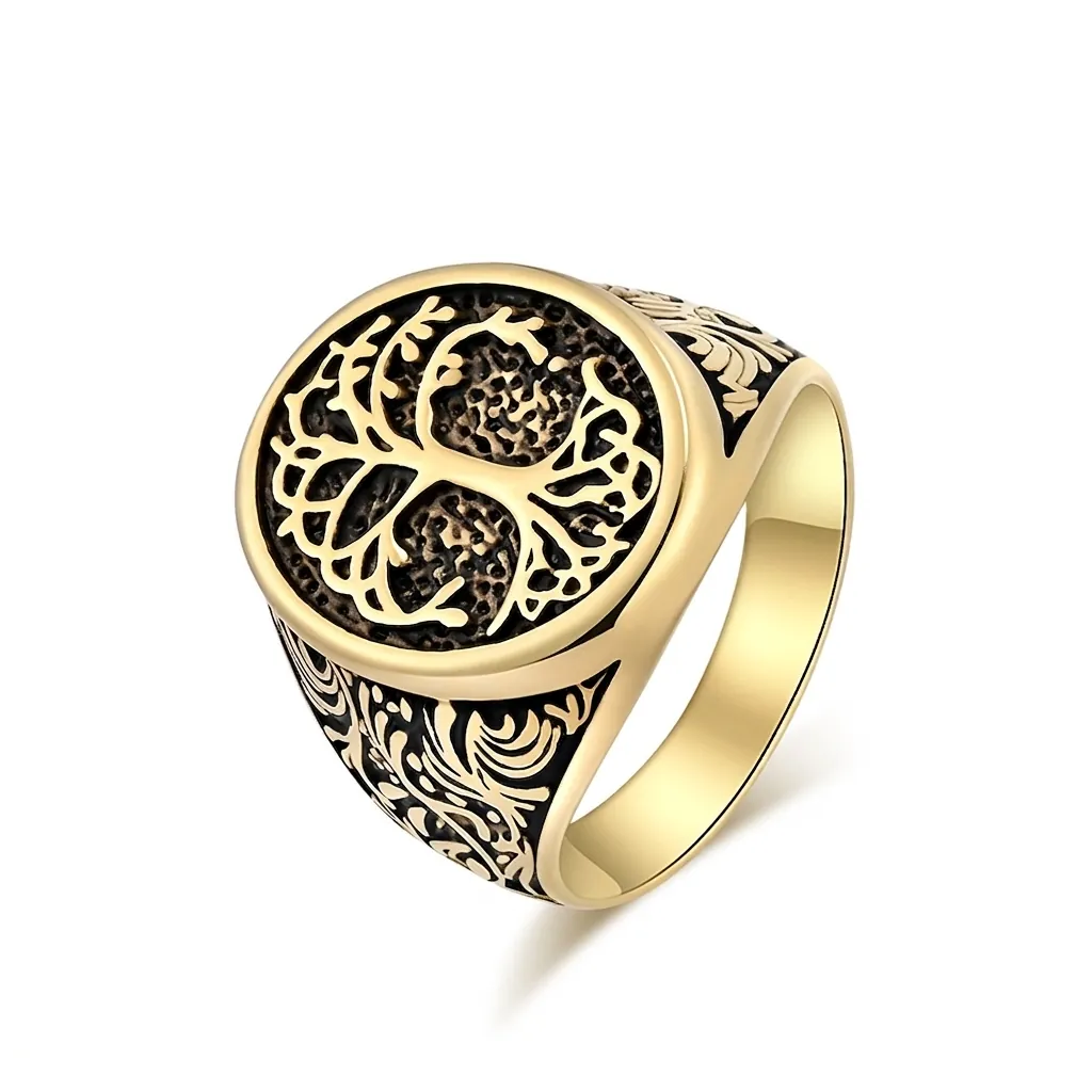 Vintage Tree of Life Stainless Steel Ring For Men Retro Engraved Relief Totem Band Ring Polished Domineering Jewelry