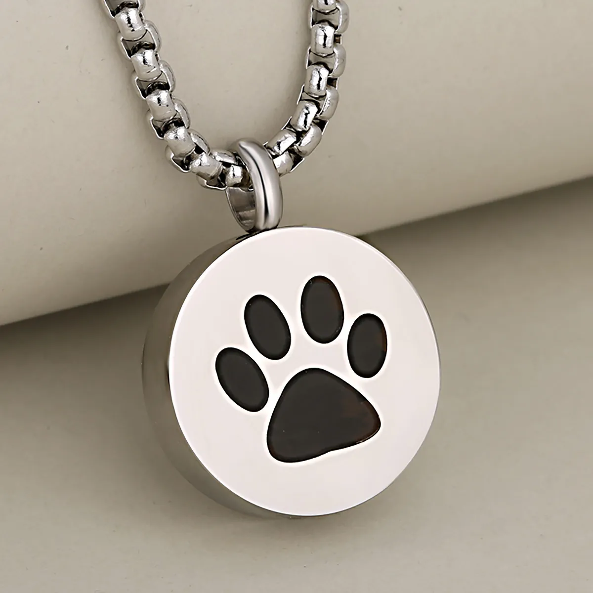 Stainless Steel Cremation Urn Pendant Necklace Round Openable Memorial Pet Paw Print Keepsake Jewelry For Ashes