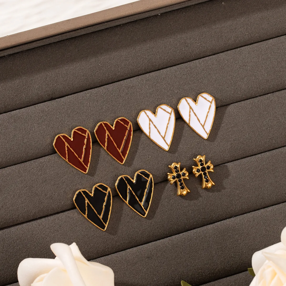 Heart And Cross Stud Earrings With Stainless Steel Earring Post 18K Gold Plated Geometric Enamel Jewelry For Women