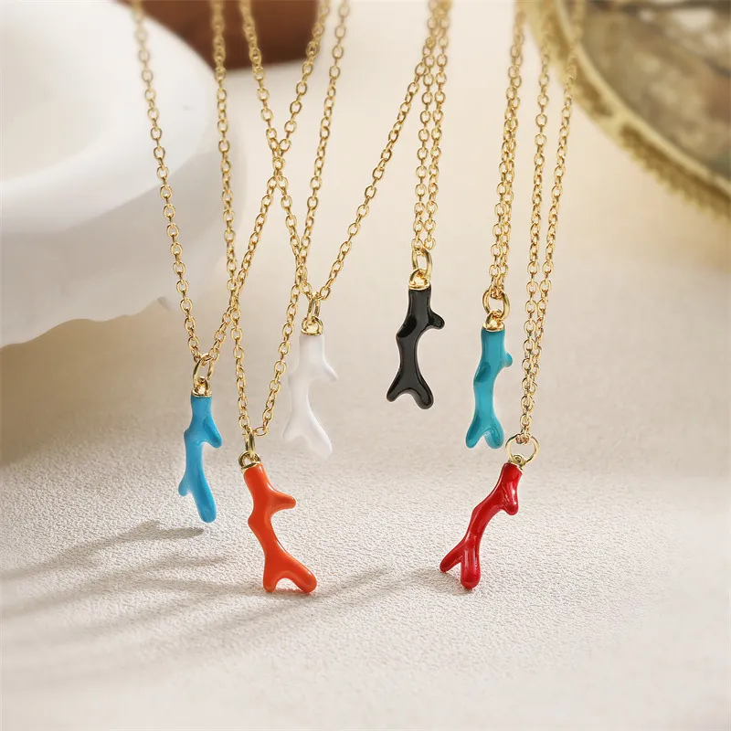 Collier Pendentif Branche De Corail Émail Cuivre Plaqué Or Coloré Petit Bijou Délicat Pour Femme