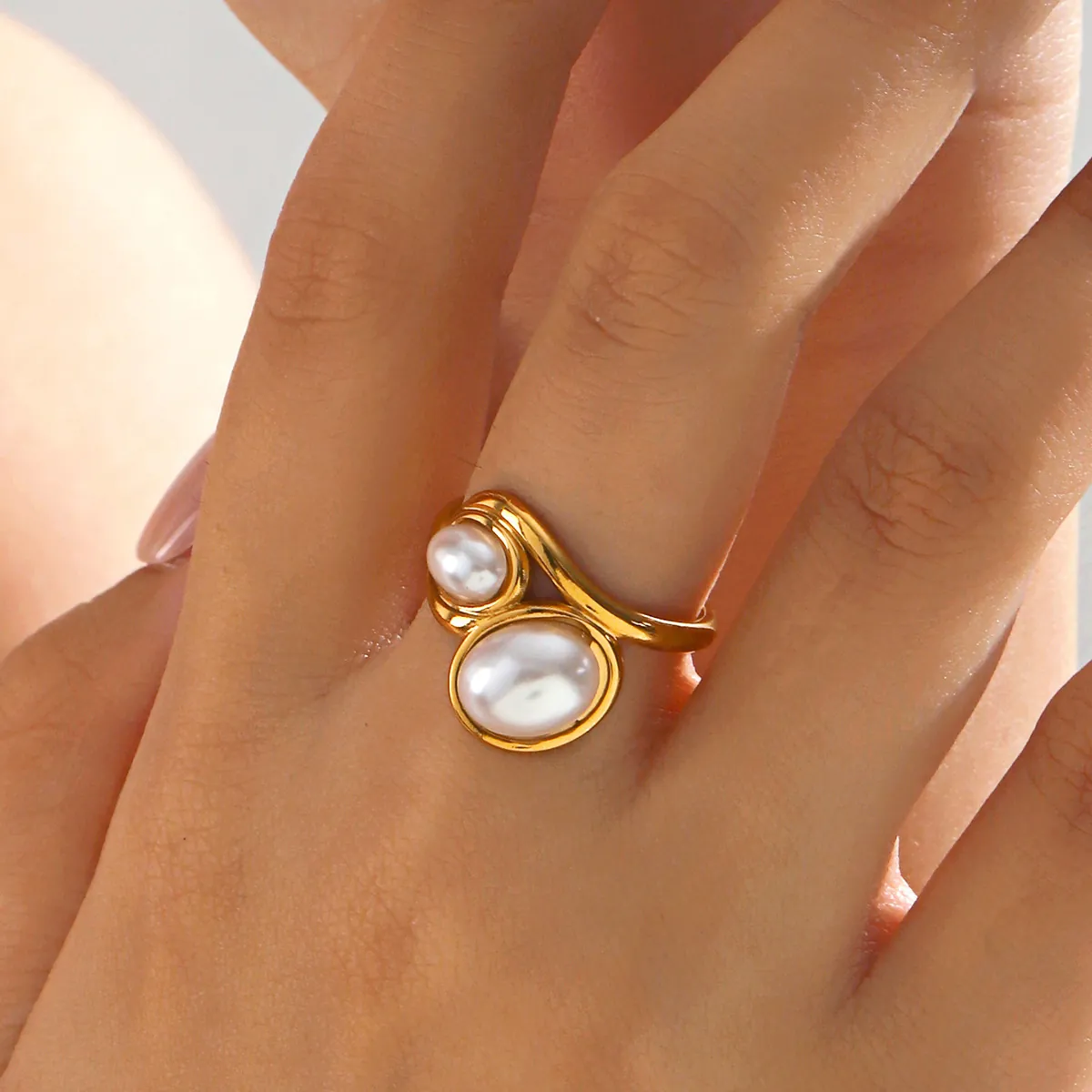 Eleganter Doppelperlen Offener Ring Edelstahl Vergoldet Verstellbar Minimalistisch Retro Fingerschmuck Für Damen