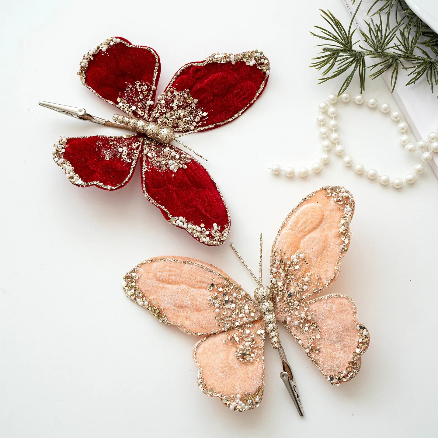 Luxurious Velvet Christmas Butterfly Decoration Glitter Sequins Faux Artificial Pearl Alligator Clip For Christmas Tree Holiday Party Ornament
