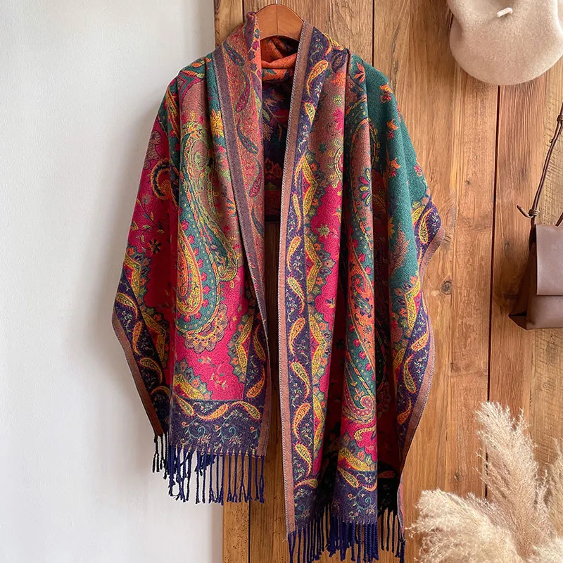 Paisley Ethnic Shawl Scarf For Women Imitation Cashmere Thick Warm Large Vintage Wrap With Tassels For Winter Travel