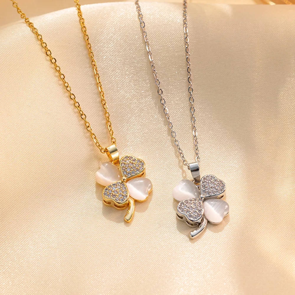 Stainless Steel Four Leaf Clover Pendant Necklace For Women Gold Silver Electroplated Rhinestone Elegant Fashion Jewelry Gift