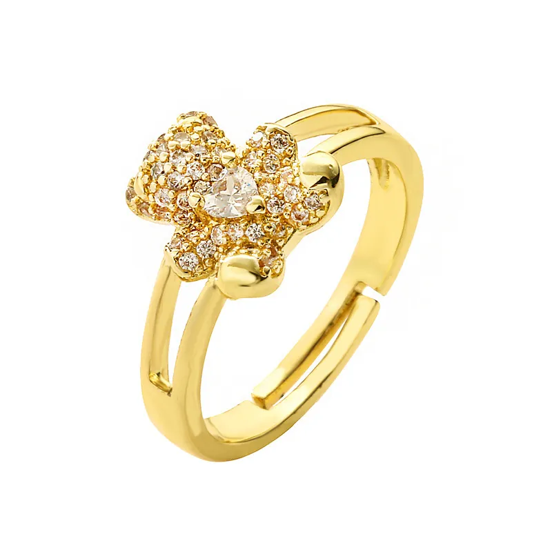 Gold Überzogener Kupfer Verstellbarer Offener Ring Zirkonia Bär Blume Geometrischer Schmuck Für Frauen Elegant