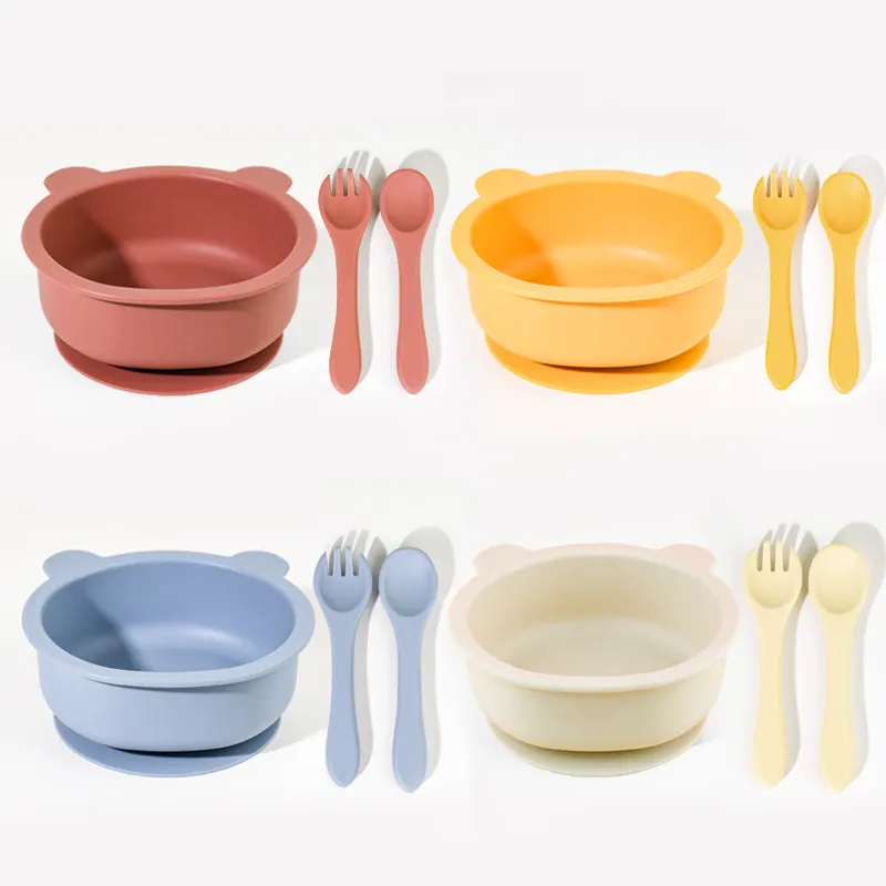 Silicone Baby Bowl Fork And Spoon Feeding Tableware With Suction Cup Base Cartoon Bear Shape BPA Free For Toddlers Infants