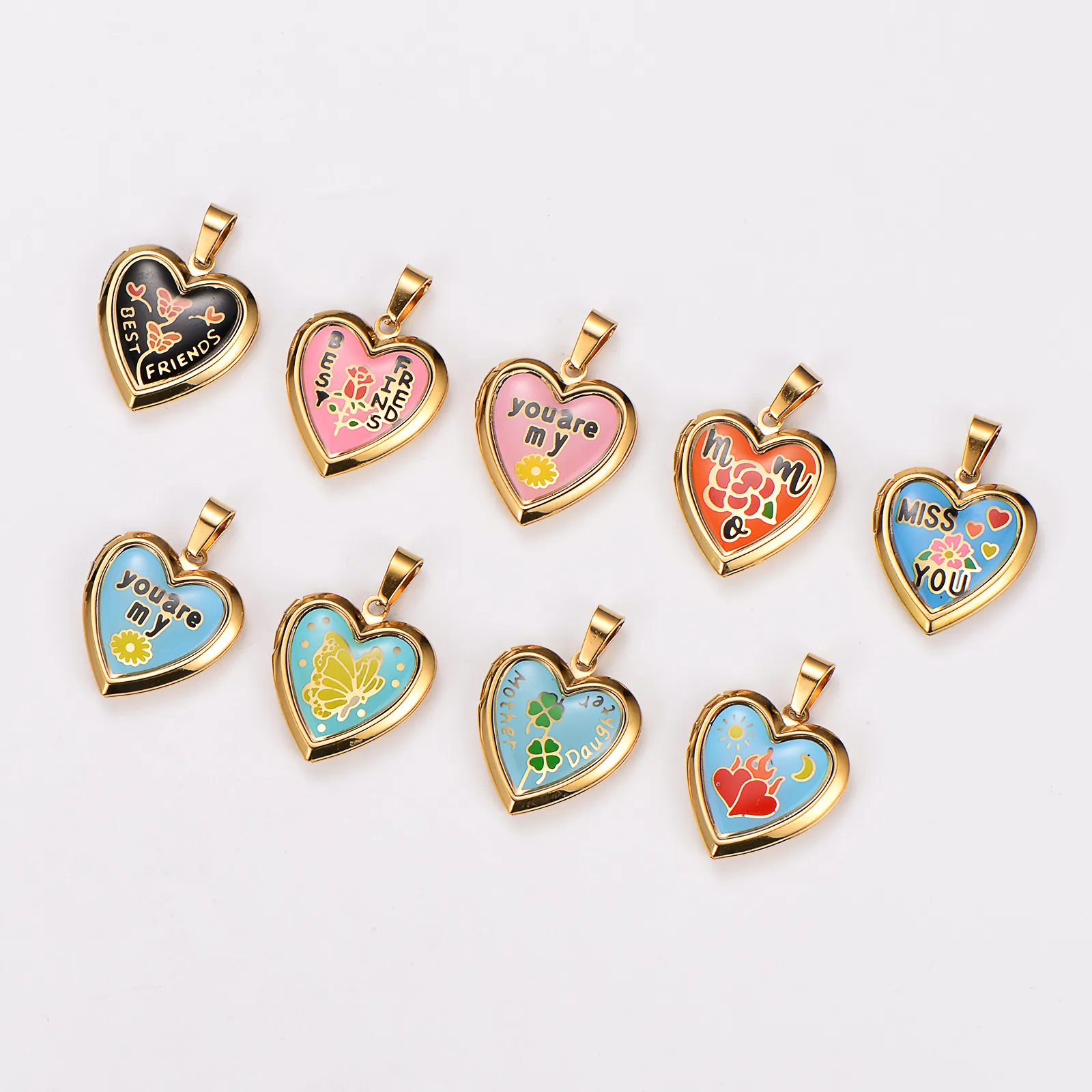 Collier Médaillon Coeur Acier Inoxydable Plaqué Or 18K Émail Rose Pendentif Cadre Photo Pour Femmes Maman Fille