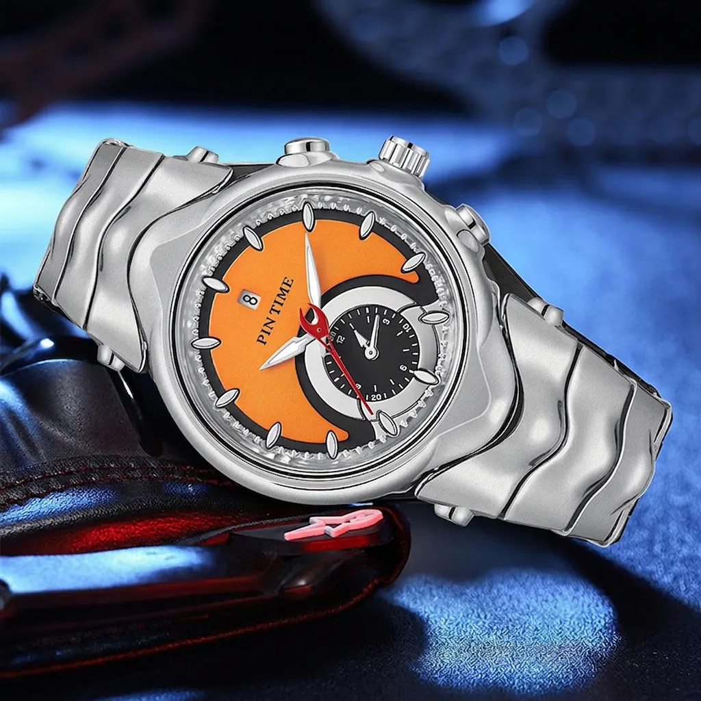 PINTIME Men Quartz Watch Irregular Vintage Y2K Fashion Waterproof Luminous Calendar Alloy Metal Wristwatch Jewelry Gift