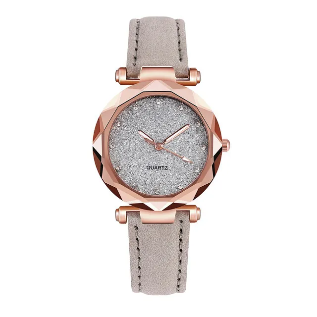 Women Quartz Watch Starry Sky Dial Rhinestone Markers Rose Gold Case Faux Leather Strap Fashion Elegant Casual Accessory