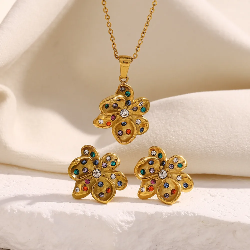 Collier Et Boucles D'oreilles Fleur Vintage Acier Inoxydable Plaqué Or Zircone Colorée Bijoux Mode Femmes